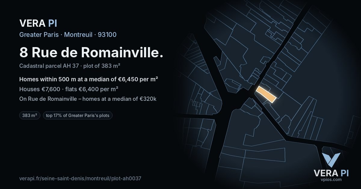 8 Rue de Romainville, Montreuil at night – the plot lit, the parcels around coloured by the prices near them