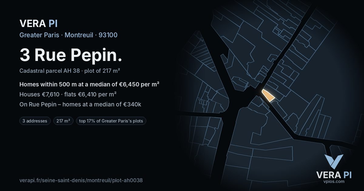 3 Rue Pepin, Montreuil at night – the plot lit, the parcels around coloured by the prices near them
