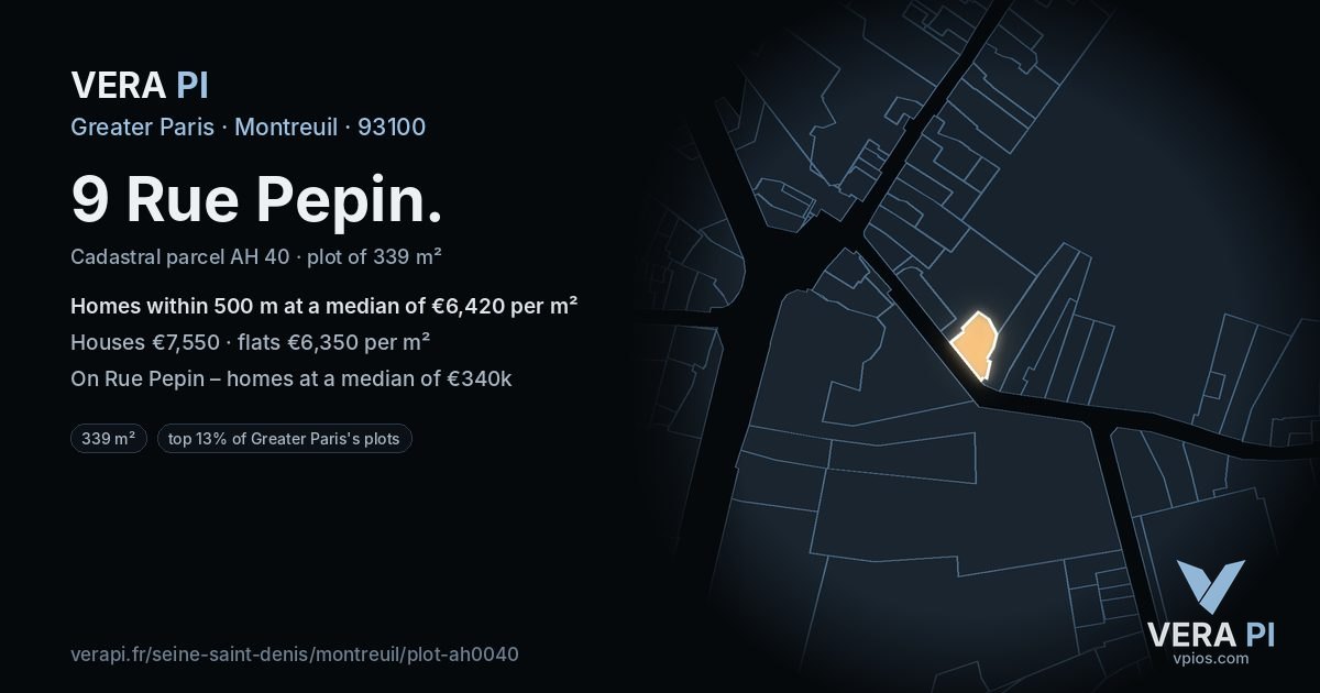 9 Rue Pepin, Montreuil at night – the plot lit, the parcels around coloured by the prices near them