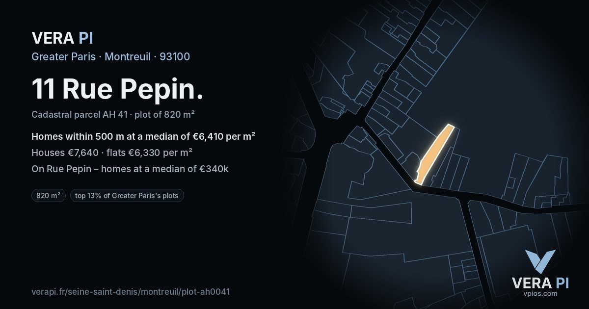 11 Rue Pepin, Montreuil at night – the plot lit, the parcels around coloured by the prices near them