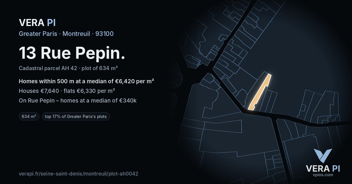 13 Rue Pepin, Montreuil at night – the plot lit, the parcels around coloured by the prices near them
