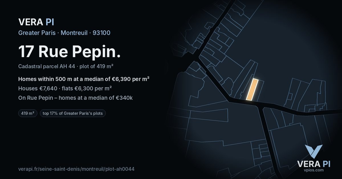 17 Rue Pepin, Montreuil at night – the plot lit, the parcels around coloured by the prices near them