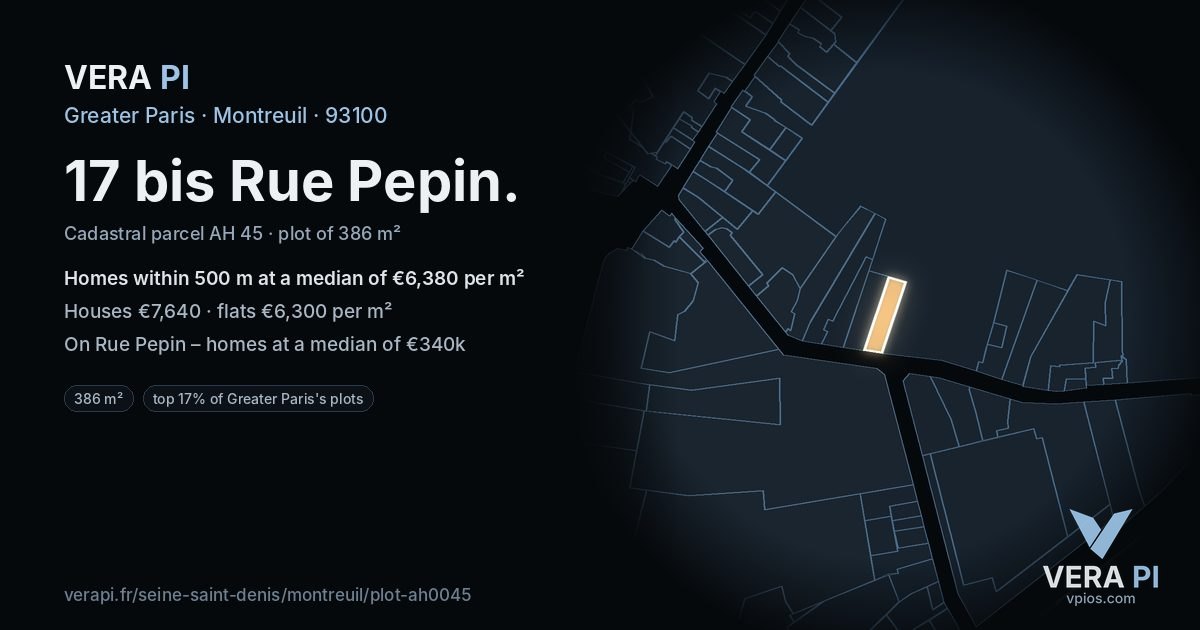 17 bis Rue Pepin, Montreuil at night – the plot lit, the parcels around coloured by the prices near them