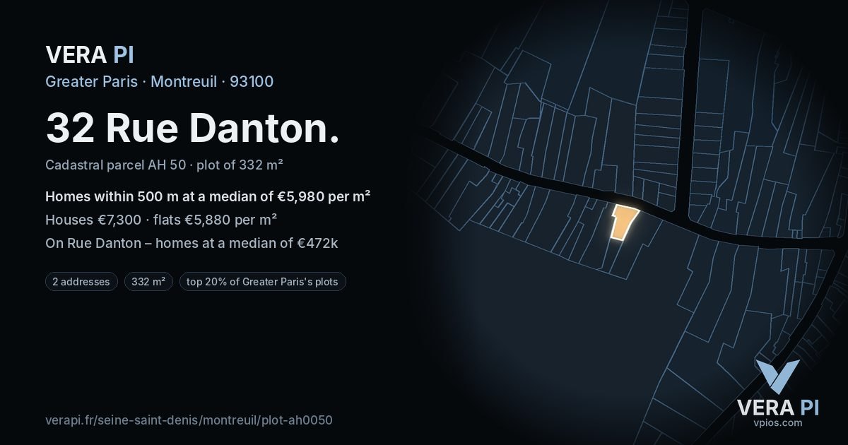 32 Rue Danton, Montreuil at night – the plot lit, the parcels around coloured by the prices near them