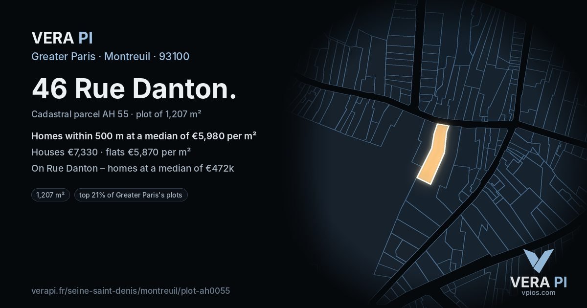 46 Rue Danton, Montreuil at night – the plot lit, the parcels around coloured by the prices near them