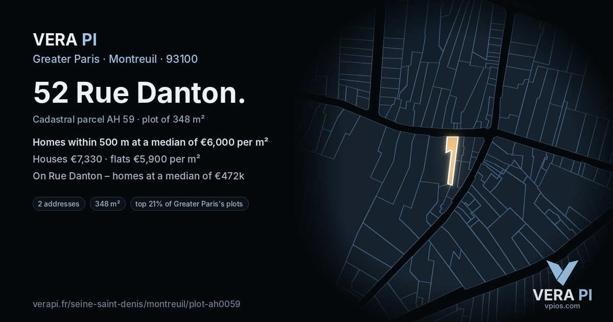 52 Rue Danton, Montreuil at night – the plot lit, the parcels around coloured by the prices near them