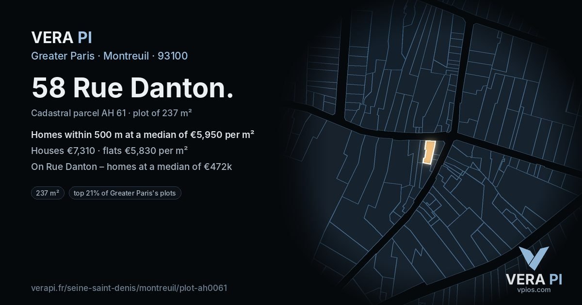 58 Rue Danton, Montreuil at night – the plot lit, the parcels around coloured by the prices near them