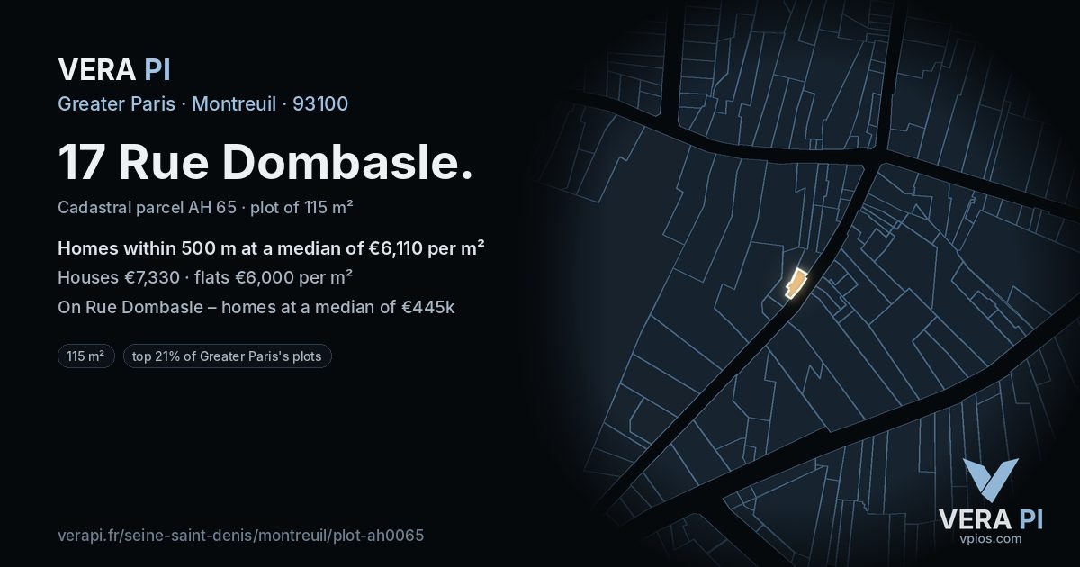 17 Rue Dombasle, Montreuil at night – the plot lit, the parcels around coloured by the prices near them