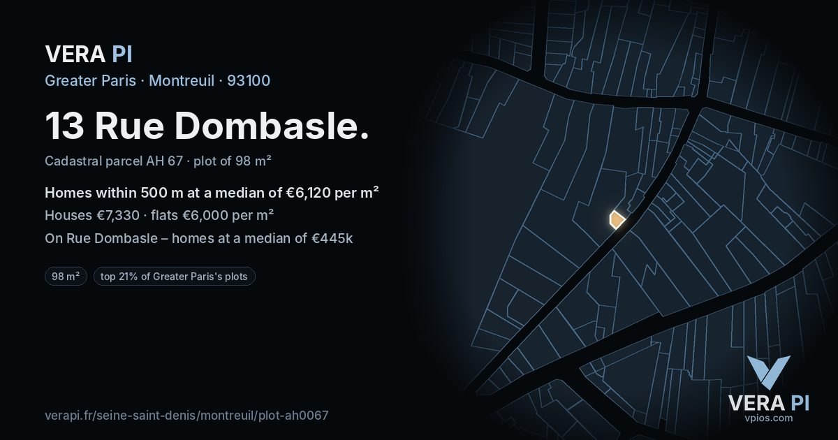 13 Rue Dombasle, Montreuil at night – the plot lit, the parcels around coloured by the prices near them