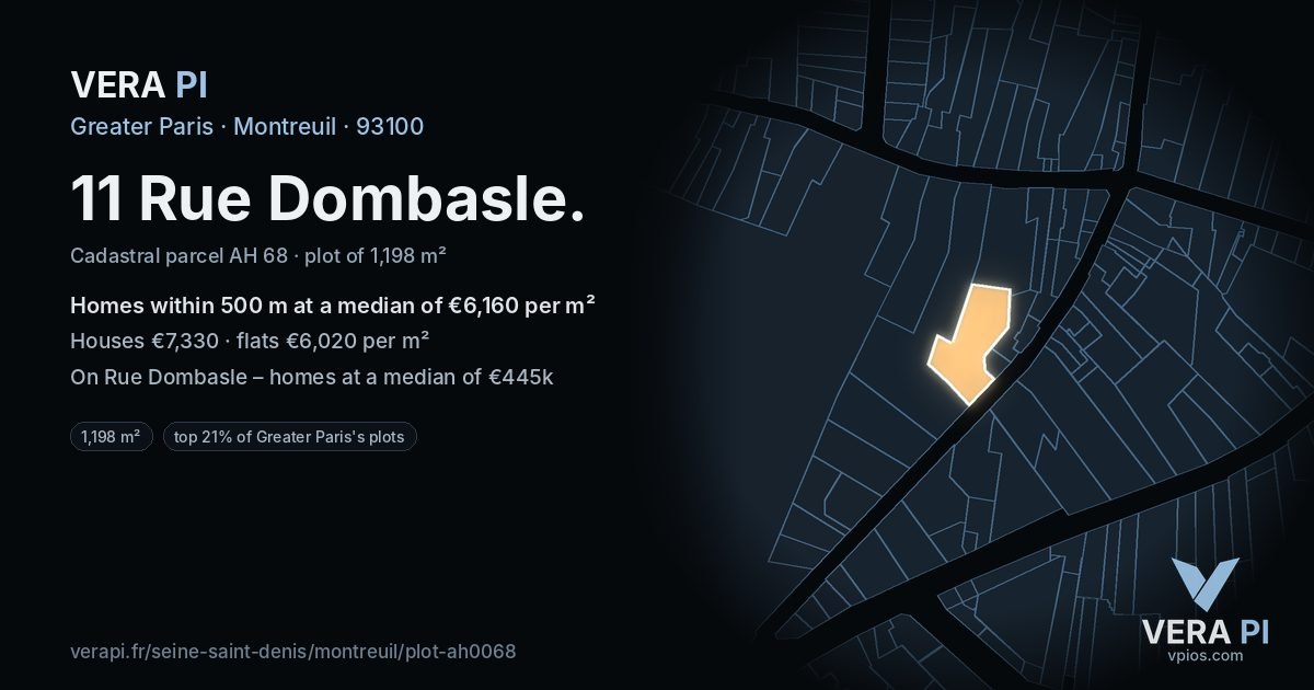 11 Rue Dombasle, Montreuil at night – the plot lit, the parcels around coloured by the prices near them