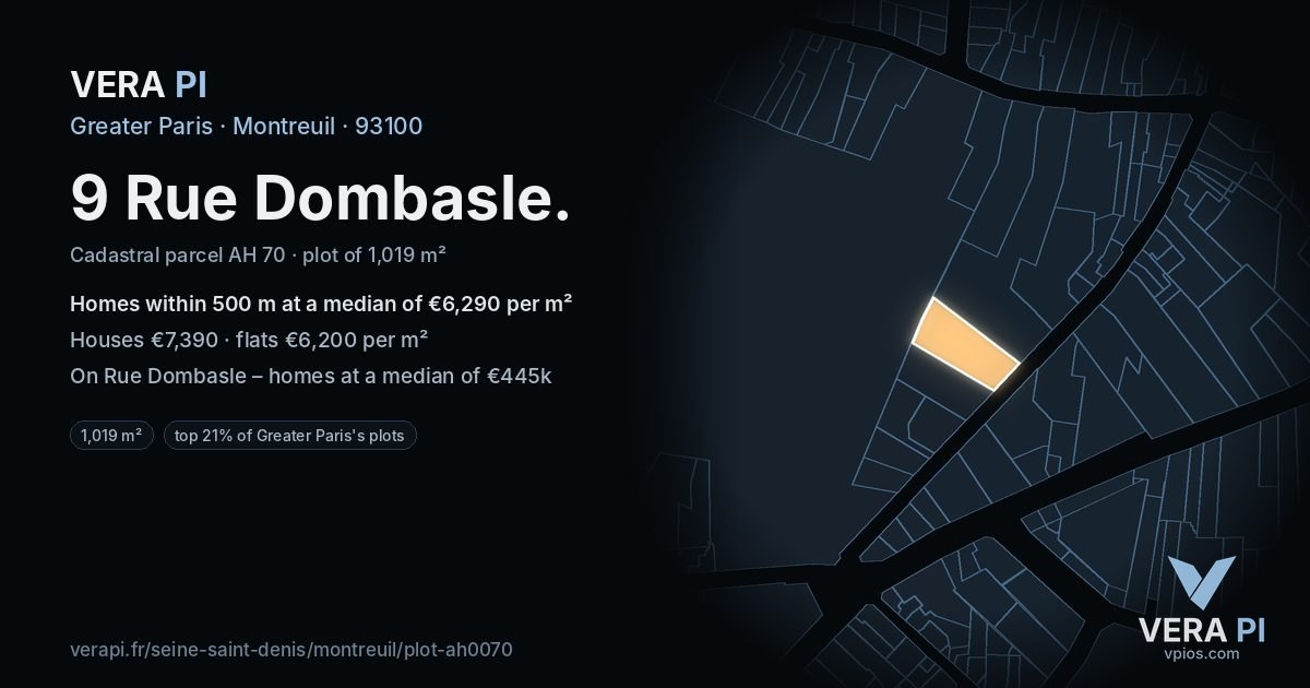 9 Rue Dombasle, Montreuil at night – the plot lit, the parcels around coloured by the prices near them