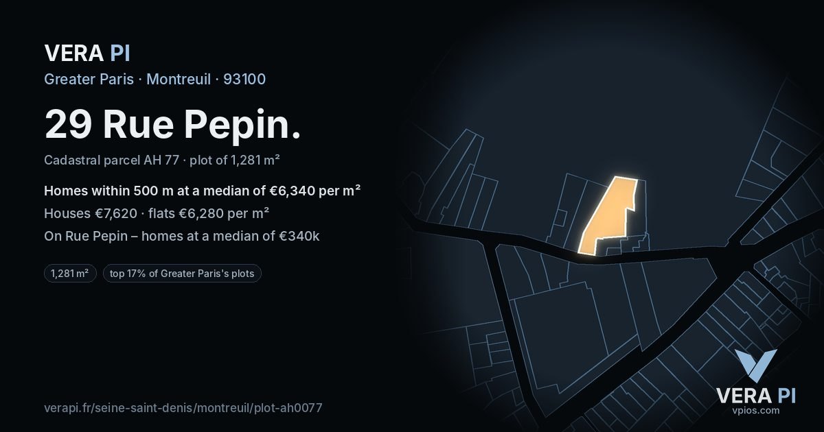 29 Rue Pepin, Montreuil at night – the plot lit, the parcels around coloured by the prices near them