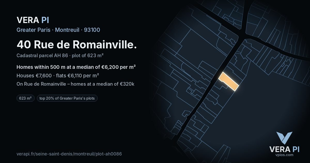 40 Rue de Romainville, Montreuil at night – the plot lit, the parcels around coloured by the prices near them