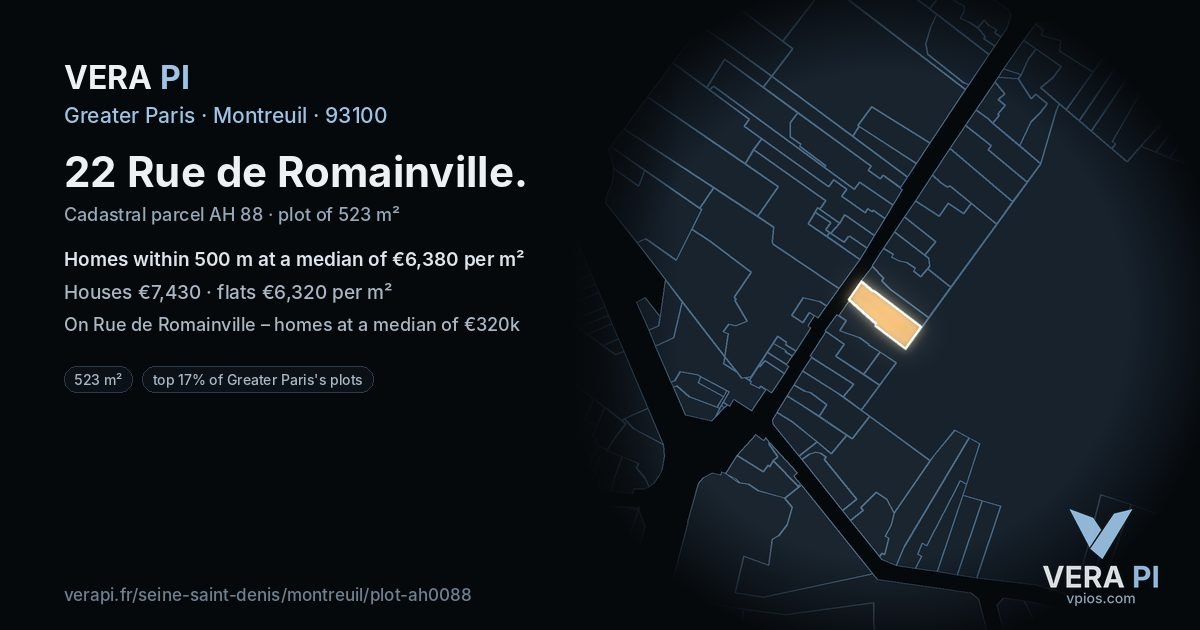 22 Rue de Romainville, Montreuil at night – the plot lit, the parcels around coloured by the prices near them