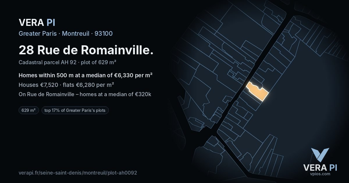 28 Rue de Romainville, Montreuil at night – the plot lit, the parcels around coloured by the prices near them