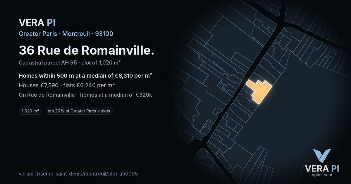 36 Rue de Romainville, Montreuil at night – the plot lit, the parcels around coloured by the prices near them