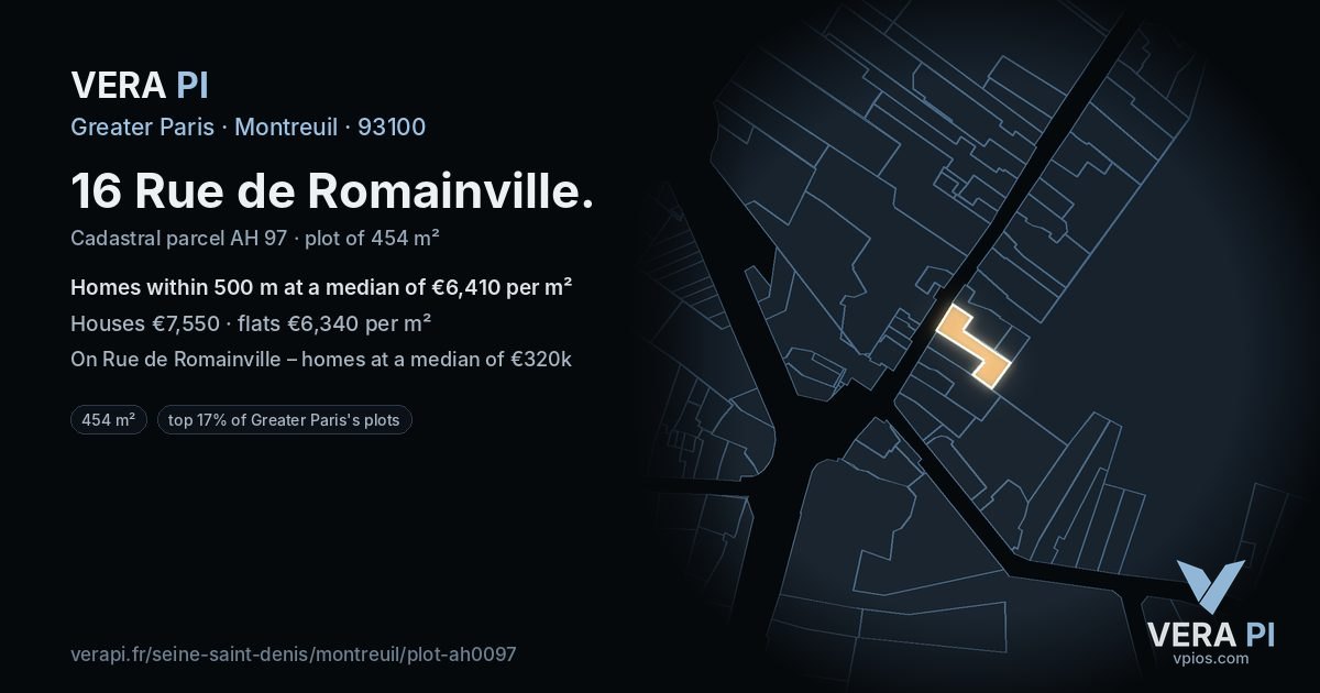 16 Rue de Romainville, Montreuil at night – the plot lit, the parcels around coloured by the prices near them