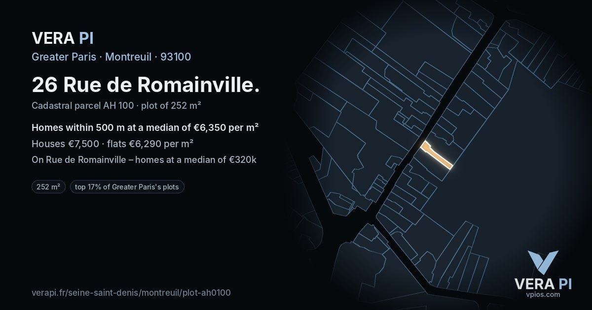 26 Rue de Romainville, Montreuil at night – the plot lit, the parcels around coloured by the prices near them
