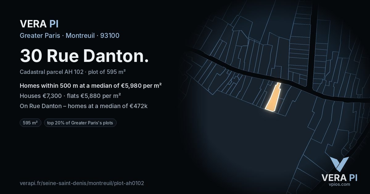 30 Rue Danton, Montreuil at night – the plot lit, the parcels around coloured by the prices near them
