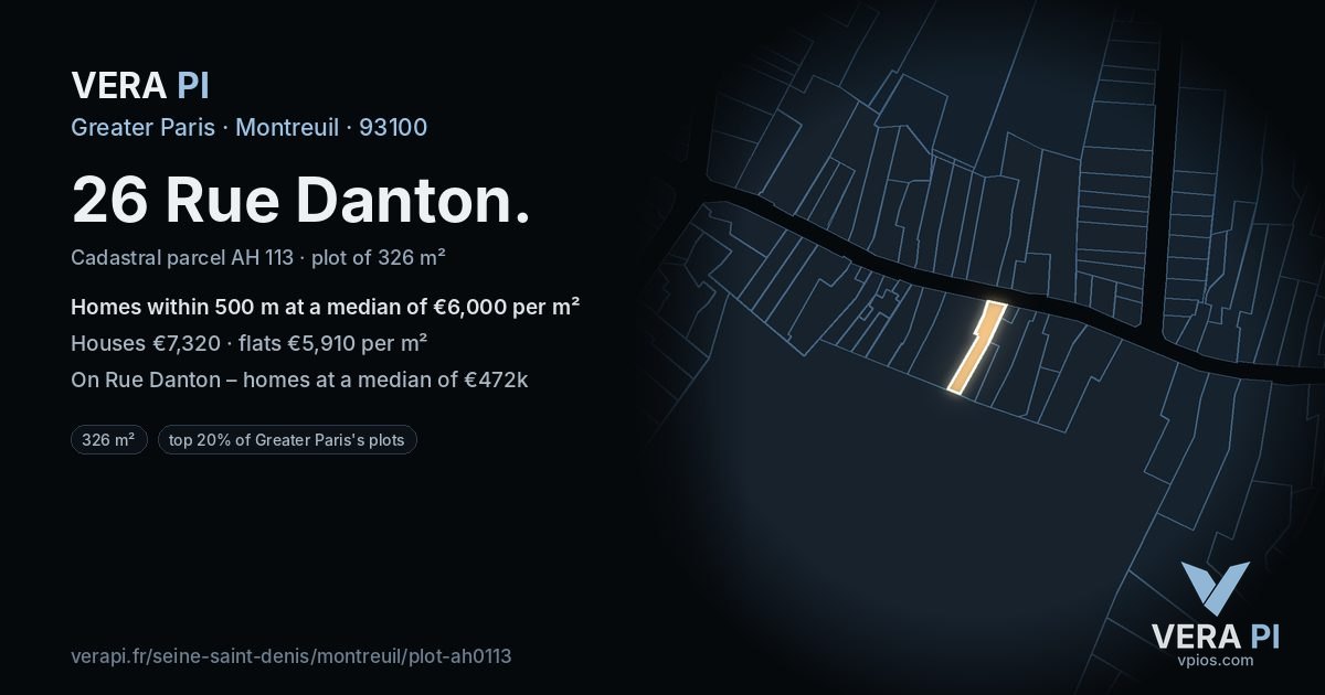 26 Rue Danton, Montreuil at night – the plot lit, the parcels around coloured by the prices near them