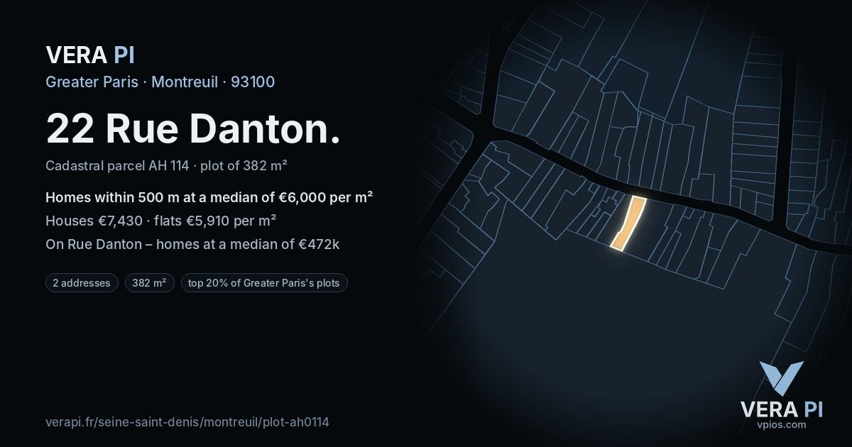 22 Rue Danton, Montreuil at night – the plot lit, the parcels around coloured by the prices near them