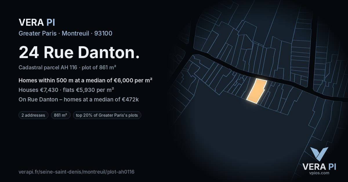 24 Rue Danton, Montreuil at night – the plot lit, the parcels around coloured by the prices near them