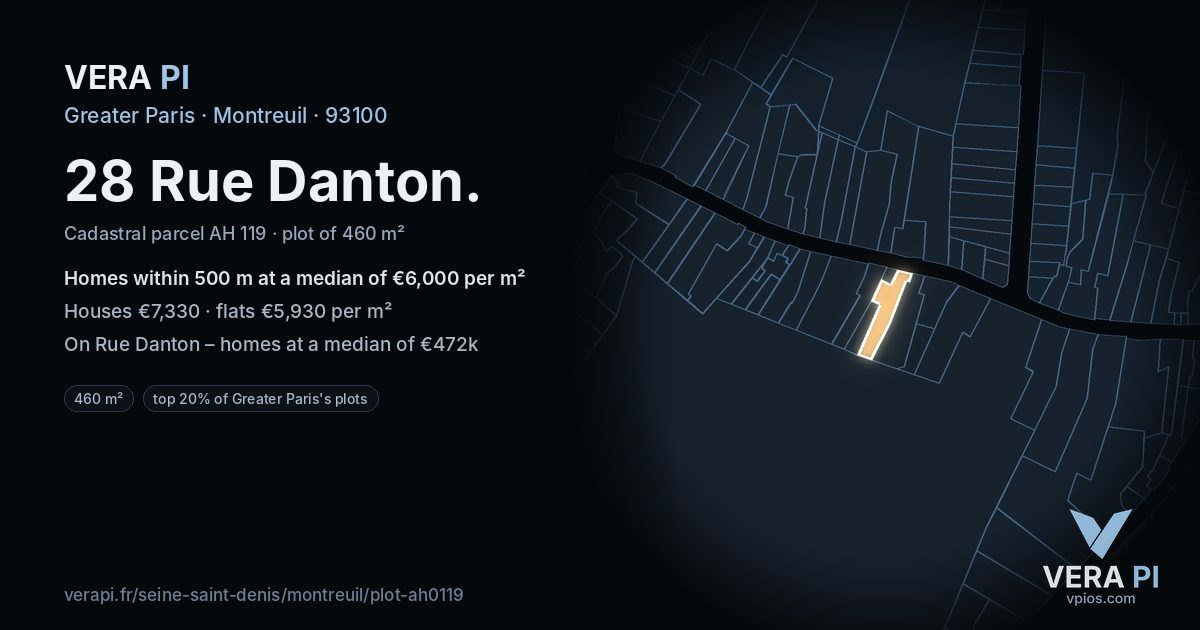 28 Rue Danton, Montreuil at night – the plot lit, the parcels around coloured by the prices near them