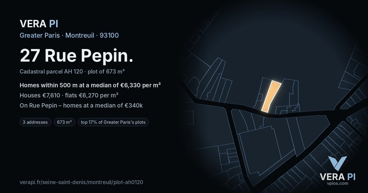 27 Rue Pepin, Montreuil at night – the plot lit, the parcels around coloured by the prices near them