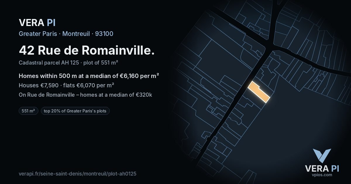 42 Rue de Romainville, Montreuil at night – the plot lit, the parcels around coloured by the prices near them
