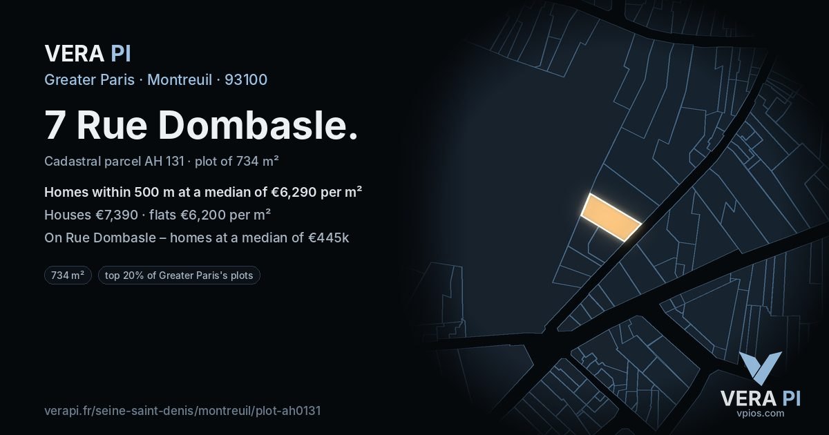 7 Rue Dombasle, Montreuil at night – the plot lit, the parcels around coloured by the prices near them
