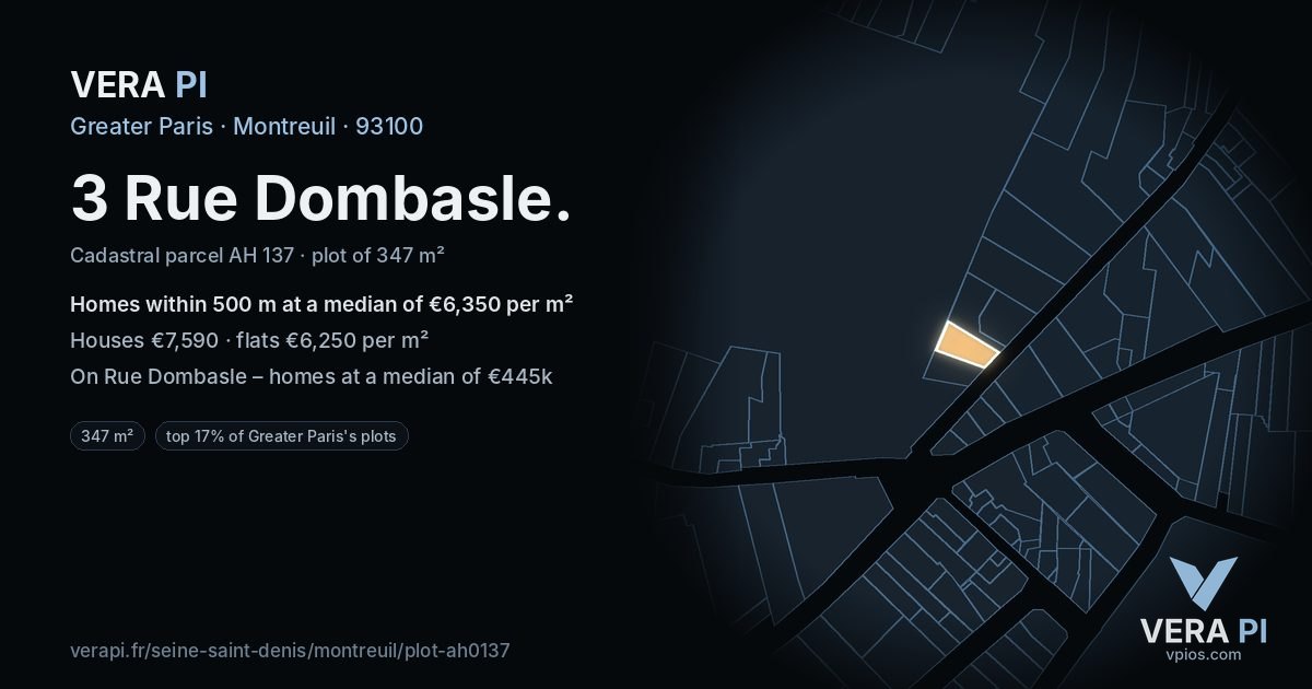 3 Rue Dombasle, Montreuil at night – the plot lit, the parcels around coloured by the prices near them
