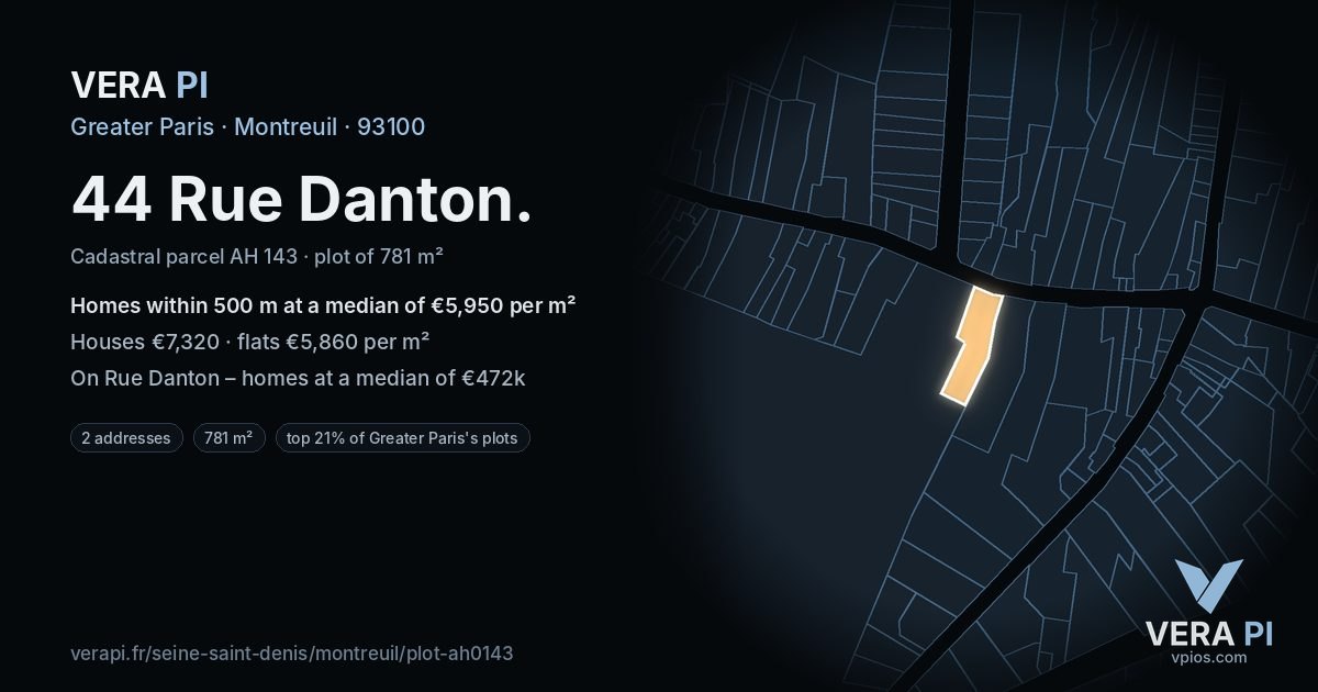 44 Rue Danton, Montreuil at night – the plot lit, the parcels around coloured by the prices near them