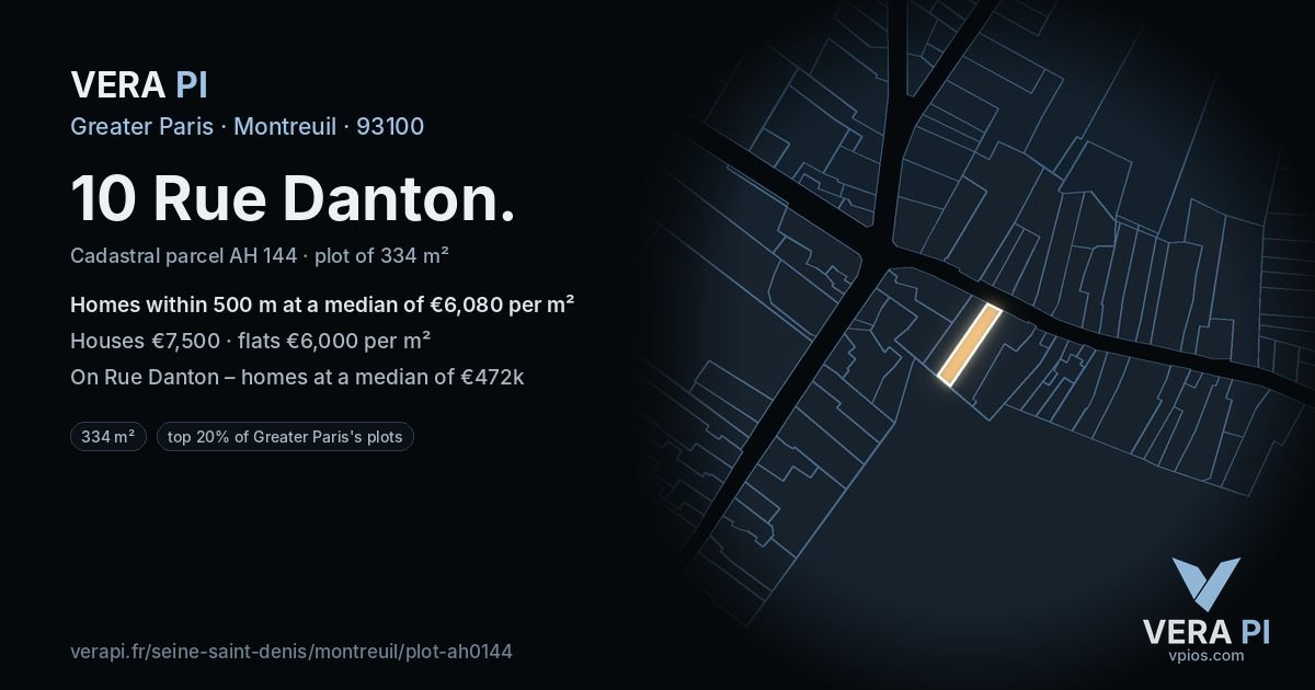 10 Rue Danton, Montreuil at night – the plot lit, the parcels around coloured by the prices near them