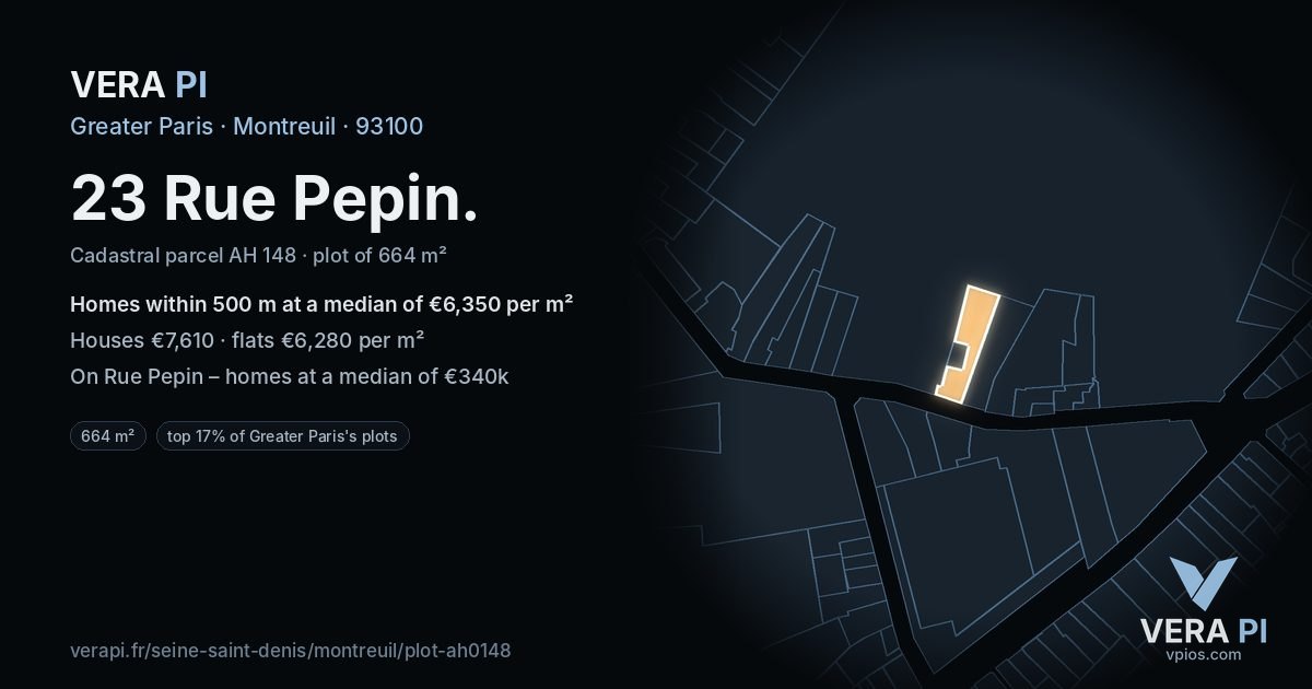 23 Rue Pepin, Montreuil at night – the plot lit, the parcels around coloured by the prices near them