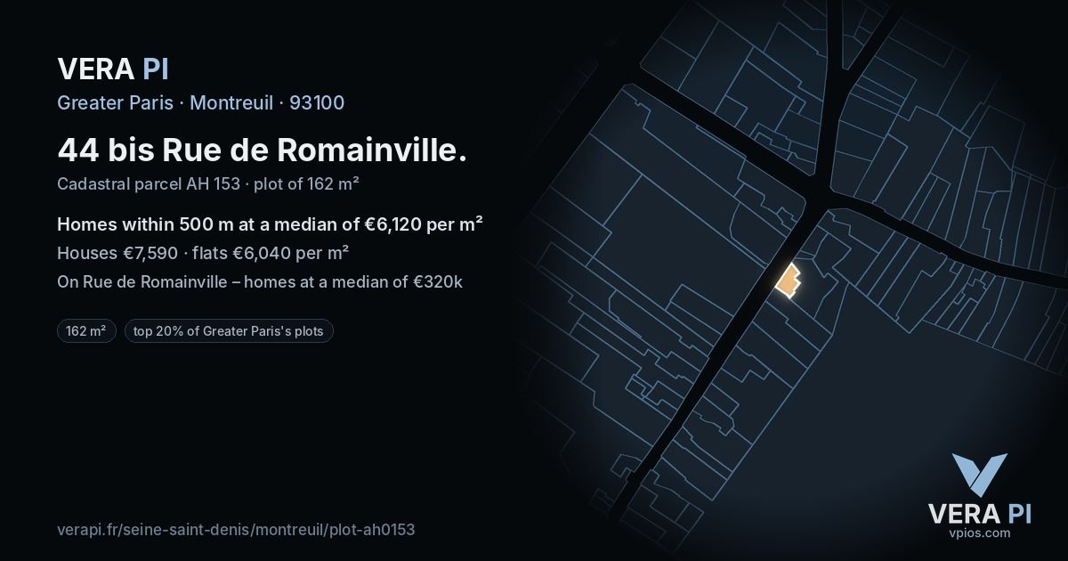 44 bis Rue de Romainville, Montreuil at night – the plot lit, the parcels around coloured by the prices near them