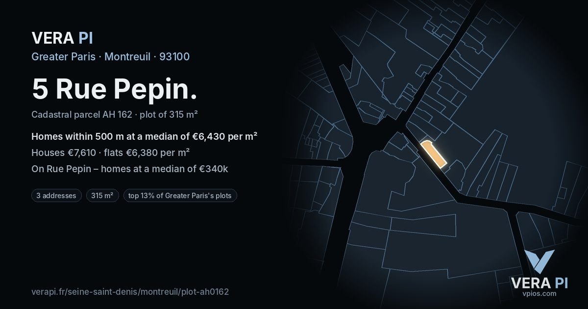 5 Rue Pepin, Montreuil at night – the plot lit, the parcels around coloured by the prices near them