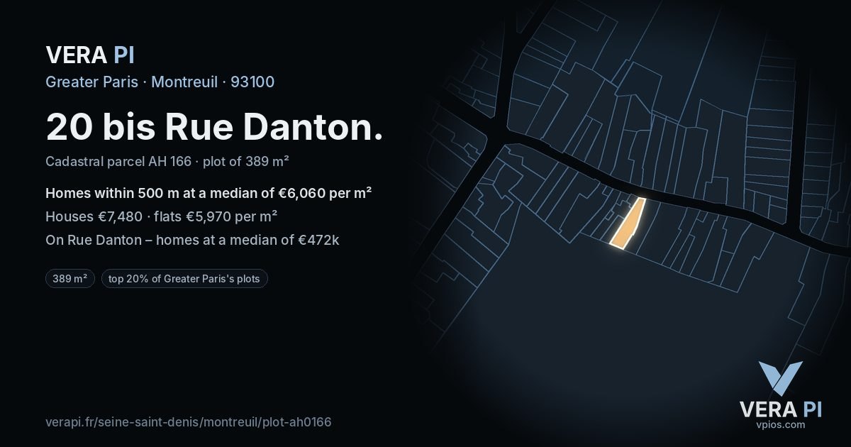 20 bis Rue Danton, Montreuil at night – the plot lit, the parcels around coloured by the prices near them
