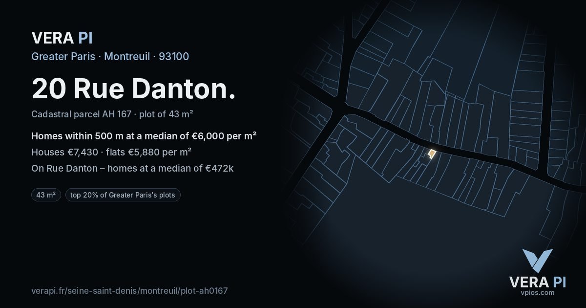 20 Rue Danton, Montreuil at night – the plot lit, the parcels around coloured by the prices near them