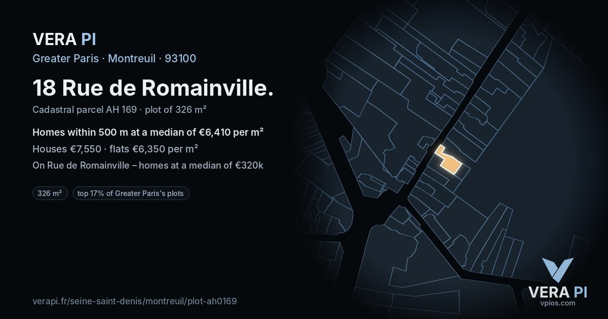 18 Rue de Romainville, Montreuil at night – the plot lit, the parcels around coloured by the prices near them