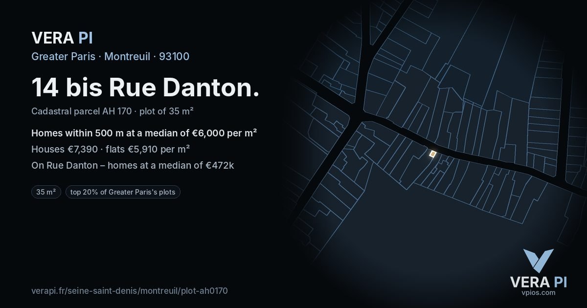14 bis Rue Danton, Montreuil at night – the plot lit, the parcels around coloured by the prices near them