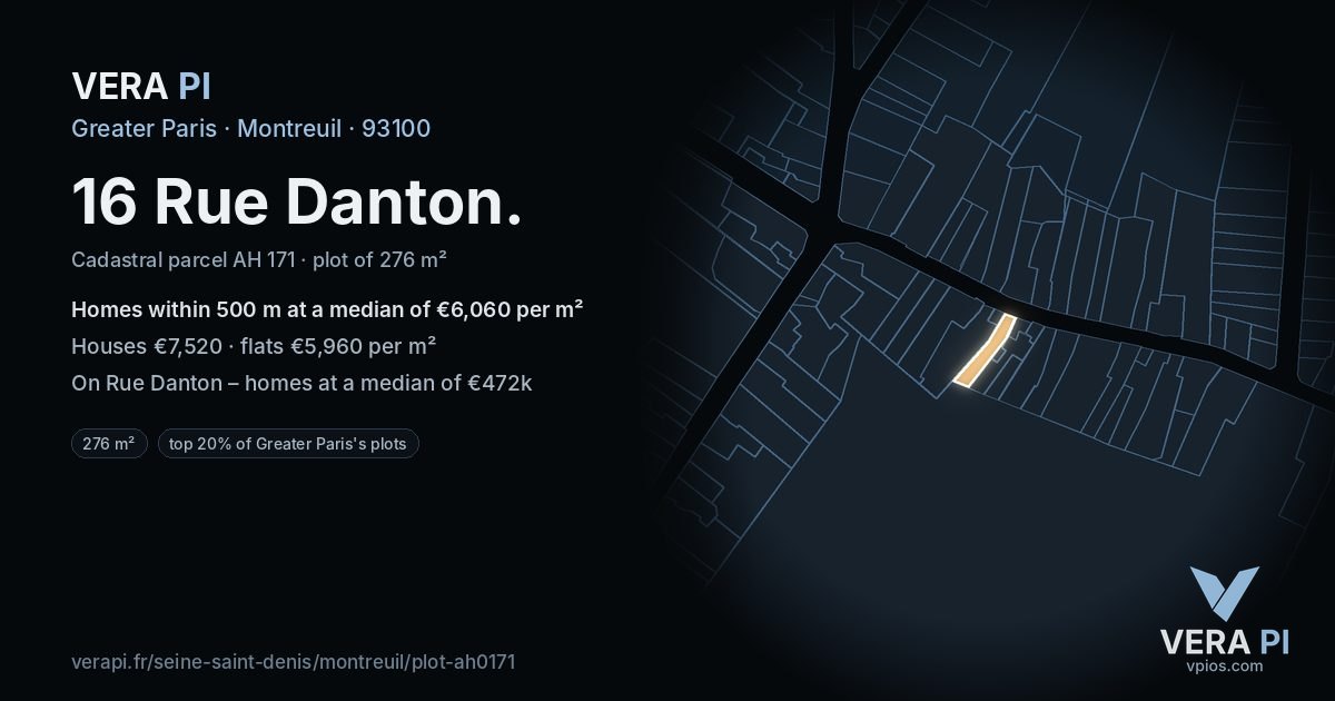16 Rue Danton, Montreuil at night – the plot lit, the parcels around coloured by the prices near them