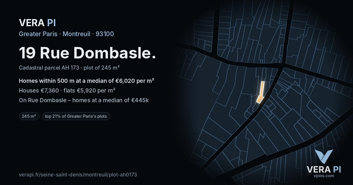 19 Rue Dombasle, Montreuil at night – the plot lit, the parcels around coloured by the prices near them