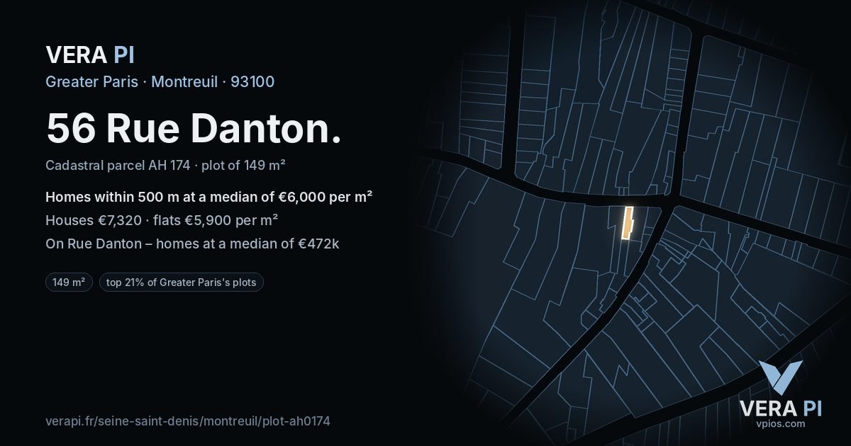 56 Rue Danton, Montreuil at night – the plot lit, the parcels around coloured by the prices near them