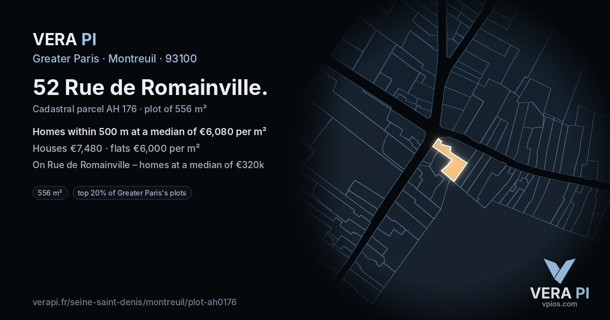52 Rue de Romainville, Montreuil at night – the plot lit, the parcels around coloured by the prices near them