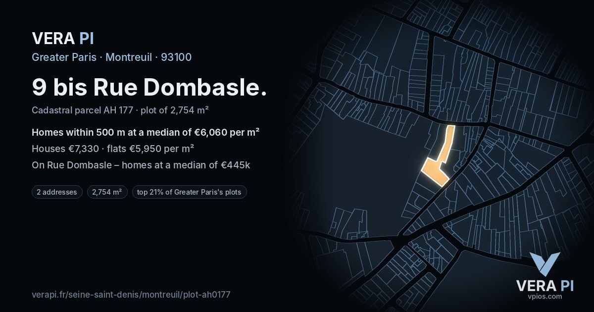 9 bis Rue Dombasle, Montreuil at night – the plot lit, the parcels around coloured by the prices near them
