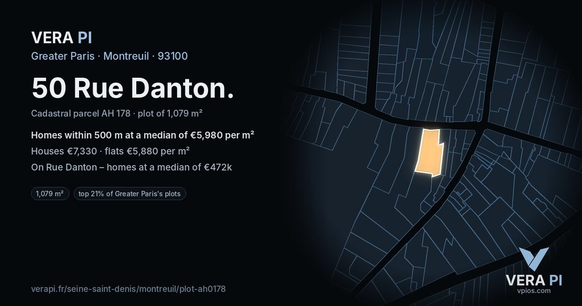 50 Rue Danton, Montreuil at night – the plot lit, the parcels around coloured by the prices near them