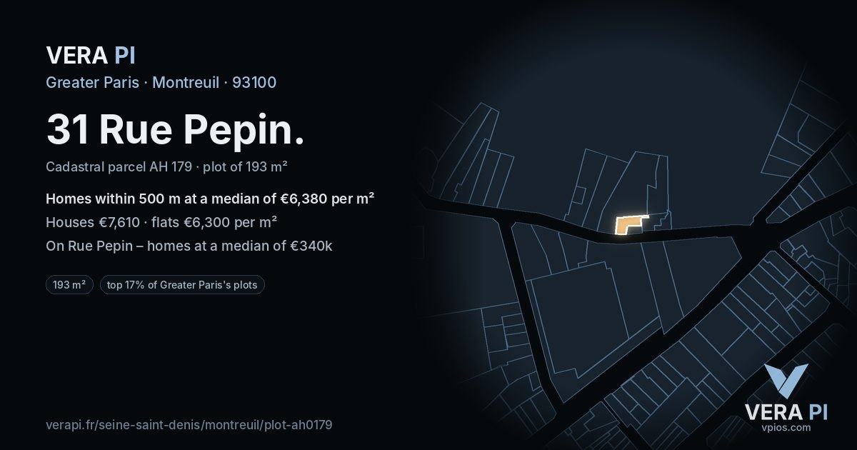 31 Rue Pepin, Montreuil at night – the plot lit, the parcels around coloured by the prices near them