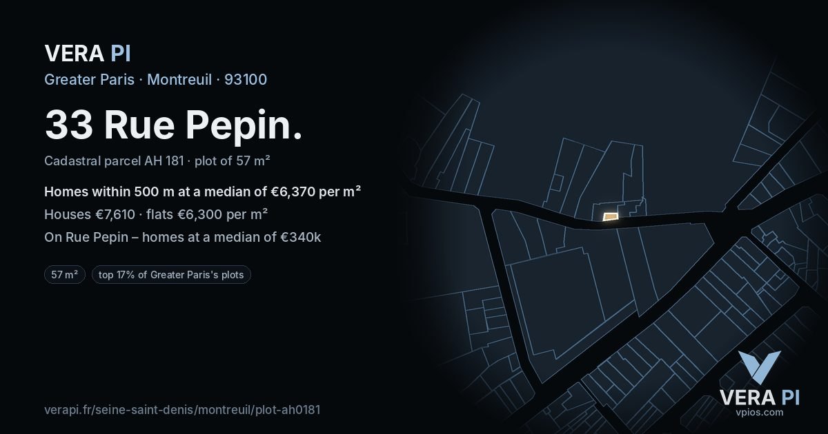 33 Rue Pepin, Montreuil at night – the plot lit, the parcels around coloured by the prices near them
