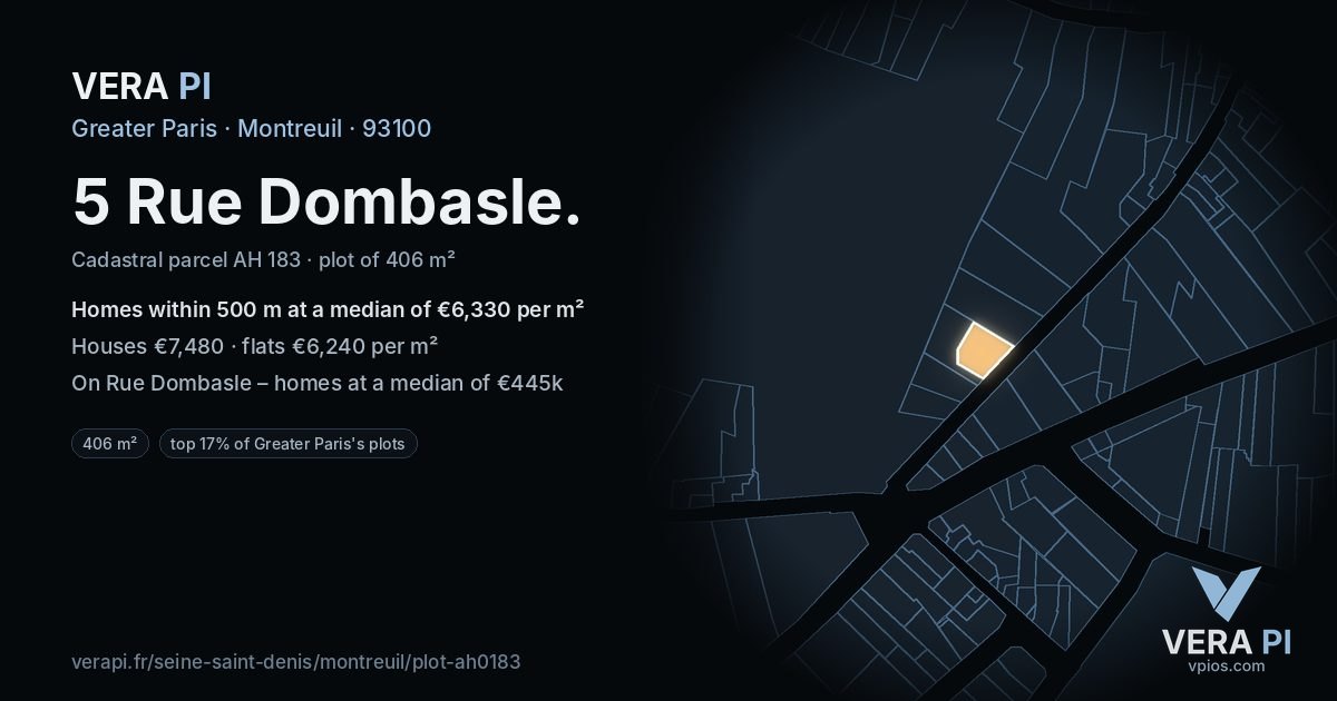 5 Rue Dombasle, Montreuil at night – the plot lit, the parcels around coloured by the prices near them
