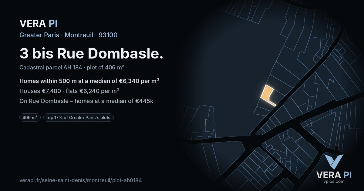 3 bis Rue Dombasle, Montreuil at night – the plot lit, the parcels around coloured by the prices near them
